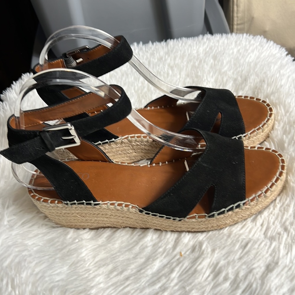 Franco Sarto Pellia Black Espadrille Suede Leather Ankle Strap Wedge Sandals 9.5 - Picture 2 of 6